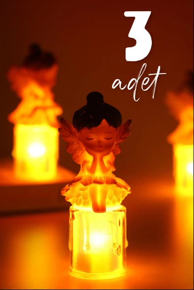 3LÜ Led Mum Kanatlı Melek Tip Dumansız Pilli Alevli Dekoratif Yapay Mum Işıldak Kahve 1037-7 ürün görseli 1