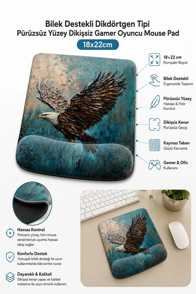 SonicTouch Bilek Destekli Mouse Pad 18x22cm Göklerin Kralı Kartal Mavi Dikdörtgen Pürüzsüz Yüzey ürün görseli 1