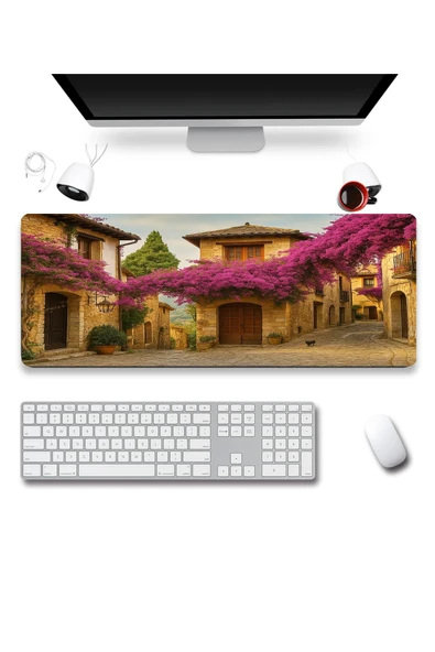 SonicTouch UltraGrand Leylak Çiçekli Taş Evler Dikişsiz Xxl Gaming Oyuncu Masaüstü Mor Klavye Mouse Pad 40x90Cm ürün görseli 1
