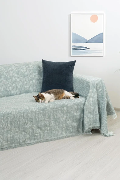 PureCot Premium Pamuklu Püsküllü Koltuk Örtüsü 180x220 Çift Taraflı Terletmez Kaymaz , Mavi ürün görseli 1