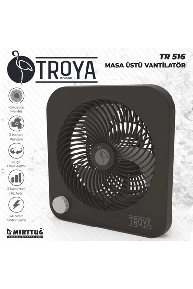 Troya By Hook Tr-516 Masaüstü Vantilatör 3 Kanatlı 3 Kademeli Vantilatör ürün görseli 1