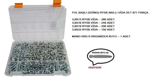 PUL BAŞLI (SDİNG) RYSB AKILLI VİDA SET 871 ADET ürün görseli 1