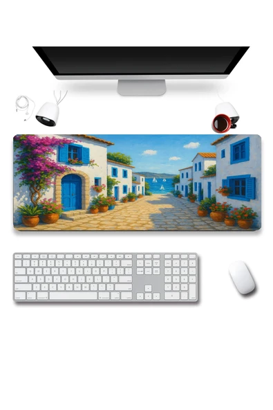 SonicTouch UltraGrand Mavi Beyaz Bodrum Evleri Dikişsiz Xxl Gaming Oyuncu Masaüstü Klavye Mouse Pad 40x90Cm ürün görseli 1
