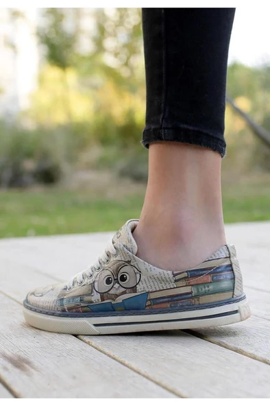 Kadın Vegan Deri Bej Sneakers - The Wise Owl Tasarım ürün görseli 1