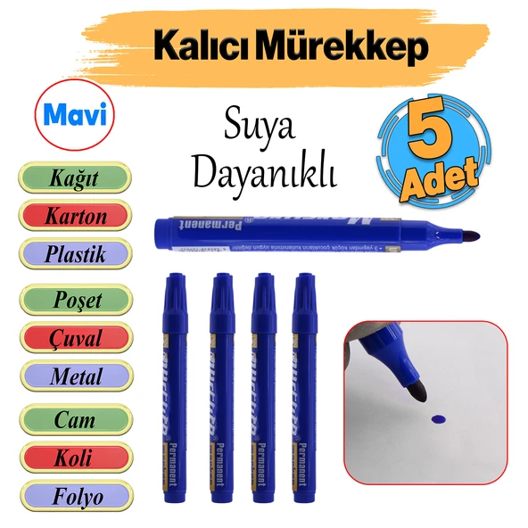 Kalıcı Çıkmaz Koli Kalemi Suya Dayanıklı İşaretleme Markalama Mavi Kalem Metal Cam Çuval 5 ADET ürün görseli 1