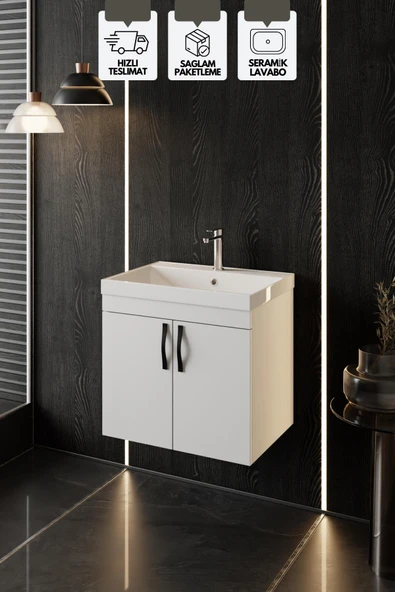 Karen Banyo Ege 60 Cm, Lavabolu Alt Banyo Dolabı, Kapaklı Banyo Alt Dolabı, Seramik Lavabo Dahil ürün görseli 1