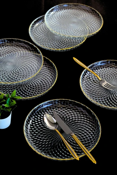 TABAK EVİ Altın Yaldız Cam Pasta Tabağı 19cm 6 lı 2339 ürün görseli 1