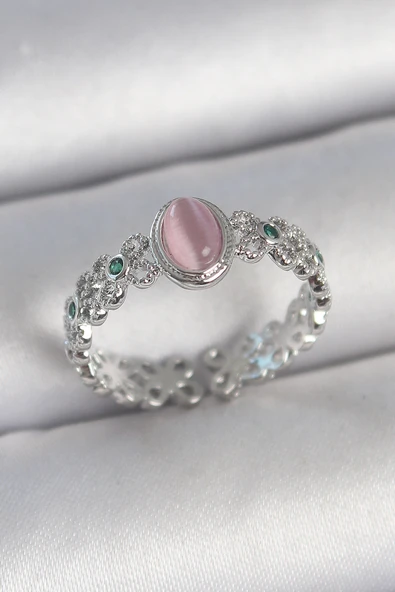 Pirinç Gümüş Renk Zirkon Taş Detaylı Pembe Mineli Damla Model Ayarlanabilir Kadın Yüzük TJ-BYK3724 ürün görseli 1