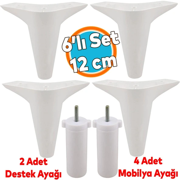 Mobilya Tv Ünitesi Çekyat Koltuk Kanepe Baza Destek Ayağı Ayakları 12 Cm Beyaz M8 6'lı Set ürün görseli 1