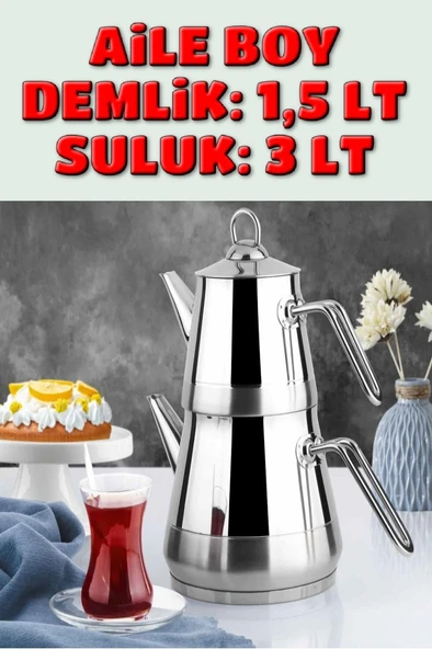Piramit Paslanmaz Çelik Çaydanlık Takımı Aile Boy Metal Kulp 3059 ürün görseli 1