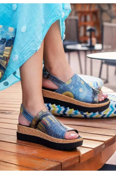 Kadın Vegan Deri Çok Renkli Kalın Taban Sandalet - Sea Sparkle Tasarım ürün görseli 1
