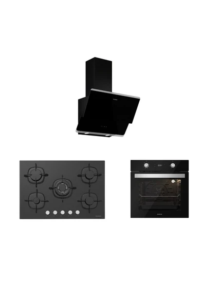 Silverline Siyah Cam Ankastre Set (3490 Oslo 60 Siyah+cs5365b01+bo6504b01) ürün görseli 1