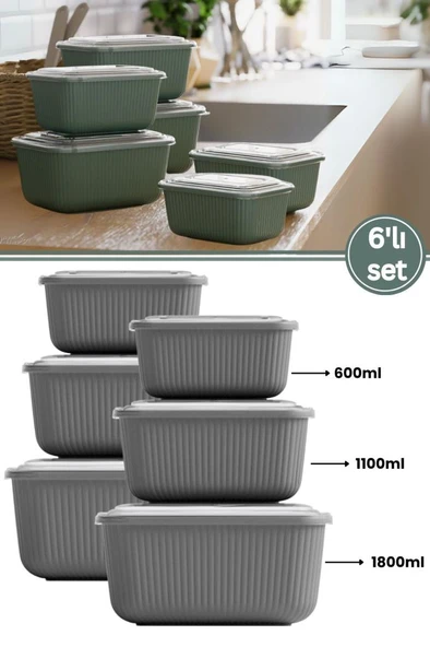 6 lı Erzak Gıda Saklama Kabı, Buzdolabı Düzenleyici Organizer 6 lı Set 2x(600ml,1100ml,1800ml) Gri ürün görseli 1