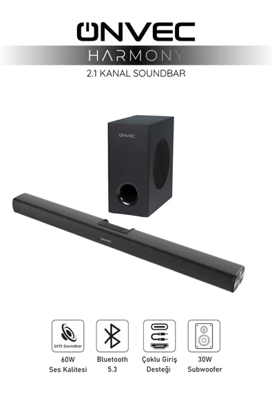 Onvec Harmony 2.1 Kanal Soundbar Bluetooth 5.3 HDMI ARC USB Optik Girişli Kablolu Subwoofer Ev Sinema Hoparlör Sistemi ürün görseli 1
