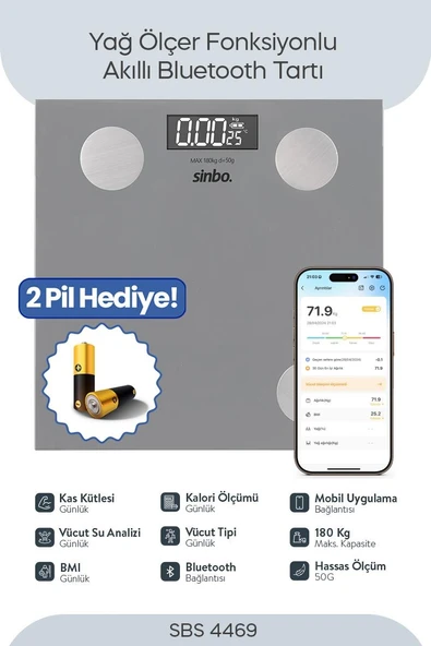 Sinbo SBS-4469 Bluetooth Dijital Yağ Su Kas Vücut Kitle Endeksi Kilo Ölçer Tartı Baskül ürün görseli 1