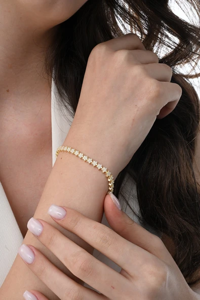 Gümüş altın yaldızlı zirkon taşlı modern görünümlü kayan yıldızlar bileklik SGTL12851GOLD ürün görseli 1