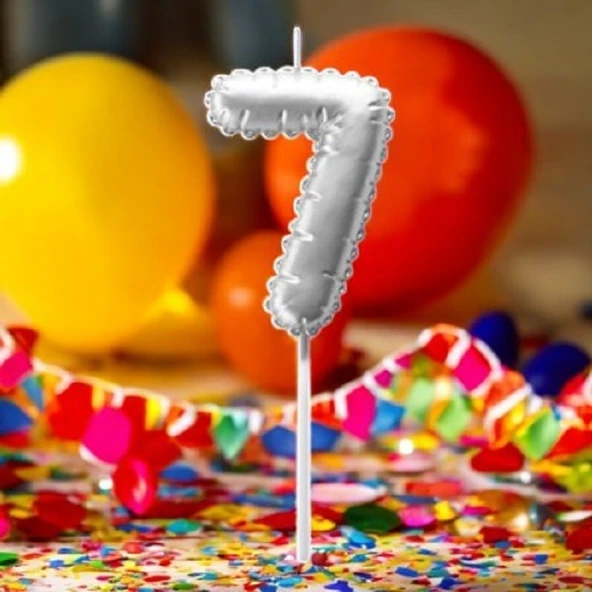 GÜMÜŞ DOĞUM GÜNÜ BALON ŞEKLİNDE MUM PASTA MUMU 7 NUMARA ürün görseli 1