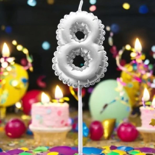 GÜMÜŞ DOĞUM GÜNÜ BALON ŞEKLİNDE MUM PASTA MUMU 8 NUMARA ürün görseli 1