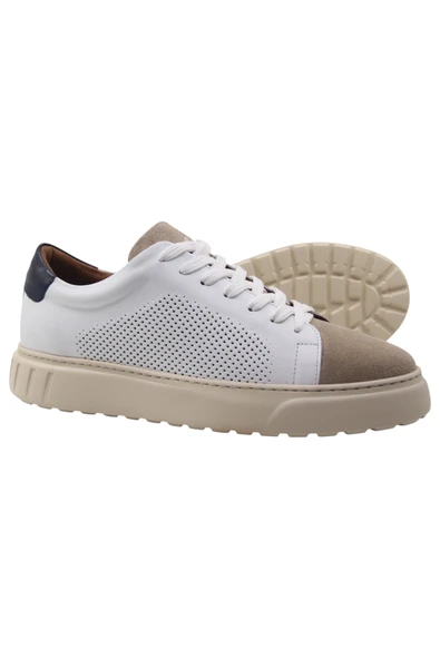 Erkek Beyaz Deri & Bej Süet Sneaker - Resim 3