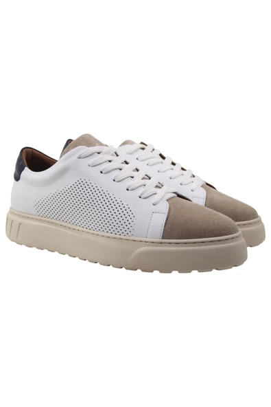 Erkek Beyaz Deri & Bej Süet Sneaker - Resim 2