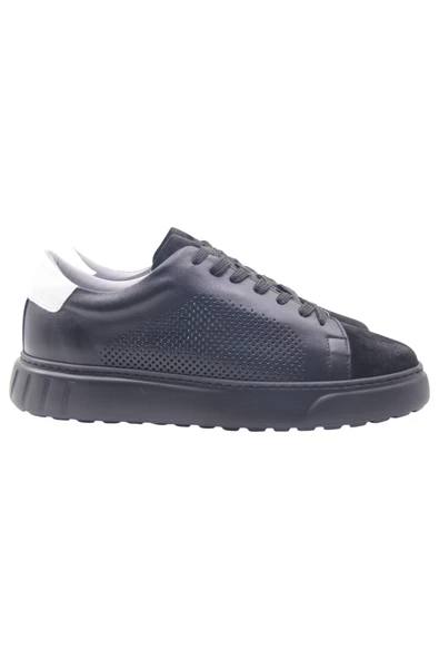 Erkek Siyah Hakiki Siyah Deri & Süet Sneaker ürün görseli 1