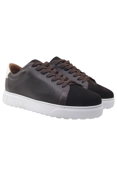 Erkek Hakiki Kahve Deri & Süet Sneaker - Resim 3