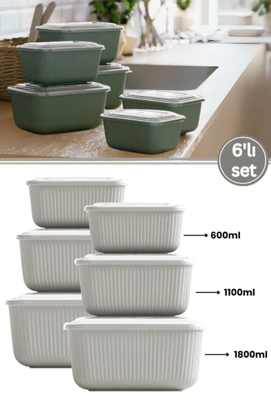 6 lı Erzak Gıda Saklama Kabı, Buzdolabı Düzenleyici Organizer 6 lı Set 2x(600ml,1100ml,1800ml) Ekru ürün görseli 1