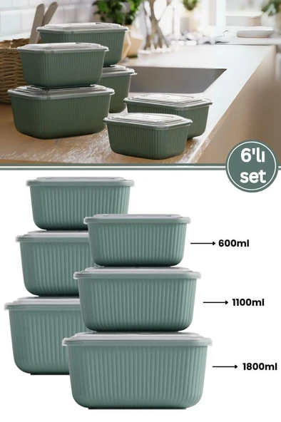 6 lı Erzak Gıda Saklama Kabı, Buzdolabı Düzenleyici Organizer 6 lı Set 2x(600ml,1100ml,1800ml) Yeşil ürün görseli 1