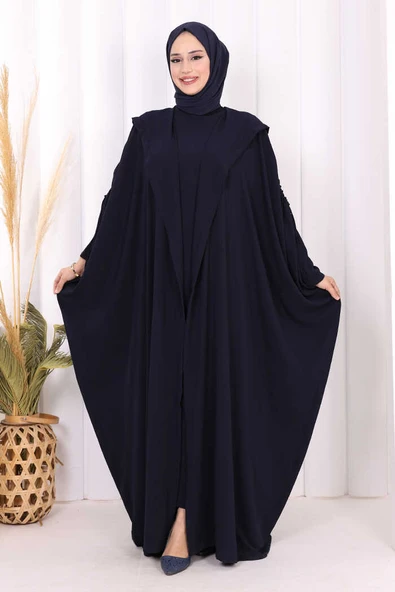 Kapüşonlu Abaya ve  Elbise İkili Takım 70013 Lacivert ürün görseli 1