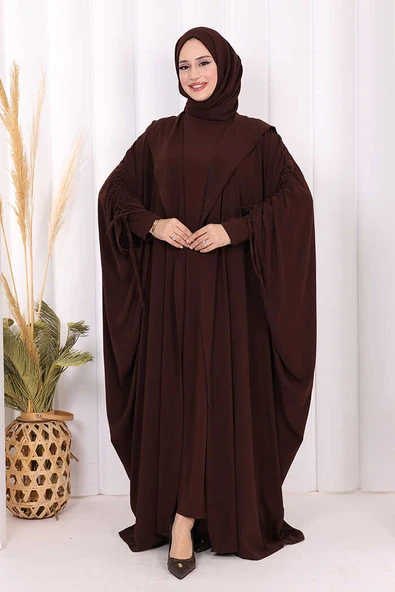 Kapüşonlu Abaya ve  Elbise İkili Takım 70013 Kahverengi ürün görseli 1