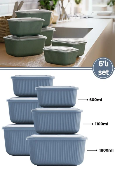 6 lı Erzak Gıda Saklama Kabı, Buzdolabı Düzenleyici Organizer 6 lı Set 2x(600ml,1100ml,1800ml) Mavi ürün görseli 1
