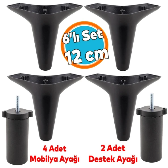 Mobilya Tv Ünitesi Çekyat Koltuk Kanepe Baza Destek Ayağı Ayakları 12 Cm Siyah M8  6'lı Set ürün görseli 1