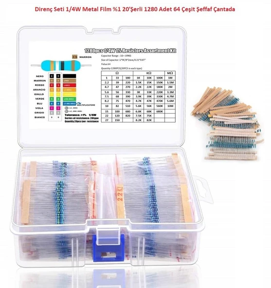 Direnç Seti 1/4W Metal Film %1 20'Şerli 1280 Adet 64 Çeşit Şeffaf Çantada ürün görseli 1