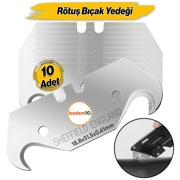 İthal Kancalı Rötuş Bıçak Yedeği Kesme Boynuz Bıçak Maket Bıçağı 10'lu Paket 18.8x51.5x0,61mm ürün görseli 1