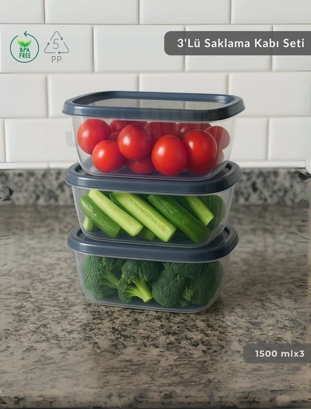 3'lü Saklama Kabı Seti Kare Erzak Kabı Bpa Free Derin Dondurucu için Uygun 1500 ml ürün görseli 1