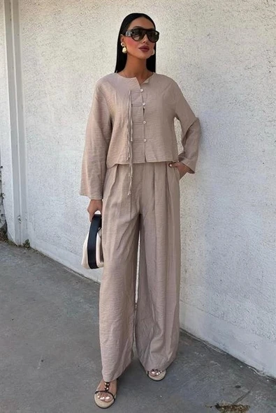 Önü İnce Kordon Detaylı Ve Double Paça Pantolonlu Takım 10180 ürün görseli 1