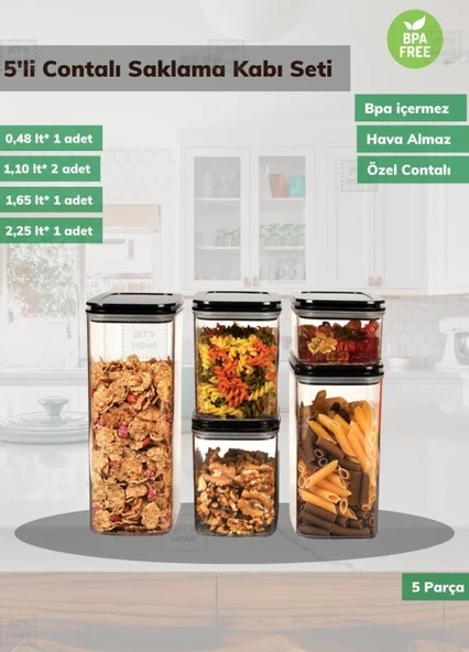 5’li Saklama Kabı Seti BPA Free Sızdırmaz Erzak Kabı Hava Almaz Bakliyat Kutusu ürün görseli 1