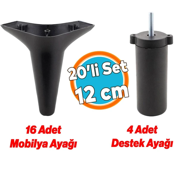 Mobilya Koltuk Kanepe Tv Ünitesi Yükseltme Destek Ayağı 12 cm Siyah Ayakları 20'li Set ürün görseli 1