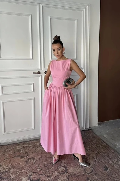 Pembe Uzun Büzgülü Elbise ürün görseli 1