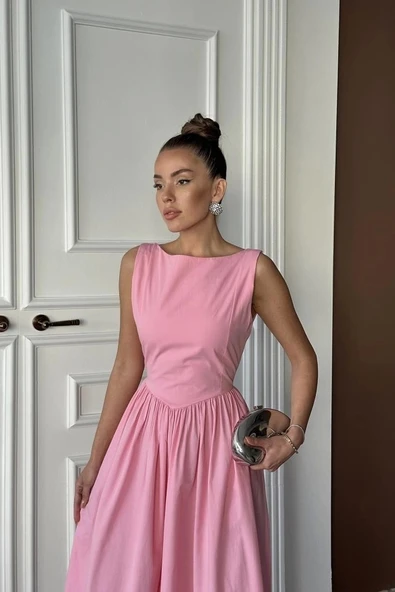 Pembe Uzun Büzgülü Elbise - Resim 4