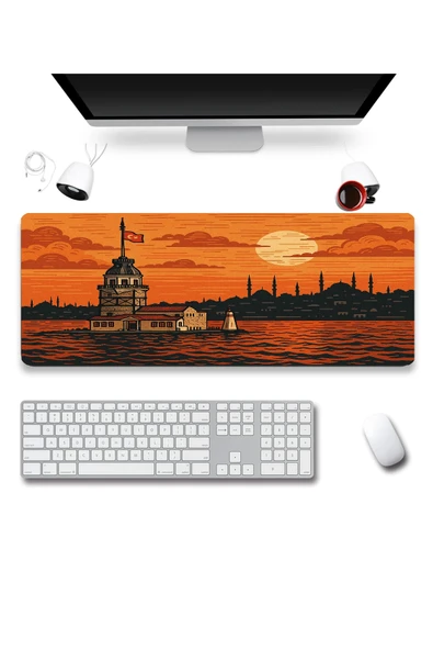 SonicTouch UltraGrand Kız Kulesi ve İstanbul Silueti Turuncu Dikişsiz Xxl Gaming Oyuncu Masaüstü Klavye Mouse Pad 40x90C ürün görseli 1