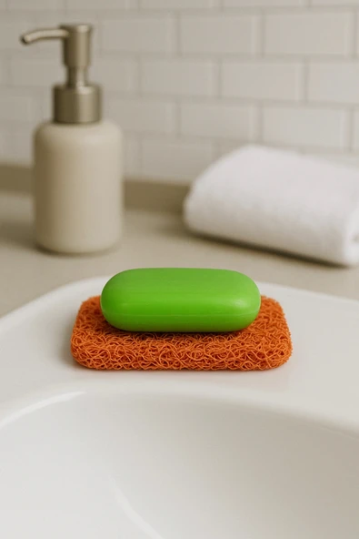 Valerine Life Turuncu Sabunluk Kaymaz Kıvırcık Lif Dokulu Hızlı Kuruyan Su Tahliyeli Sabun Altlığı 7x11cm 3 Adet ürün görseli 1