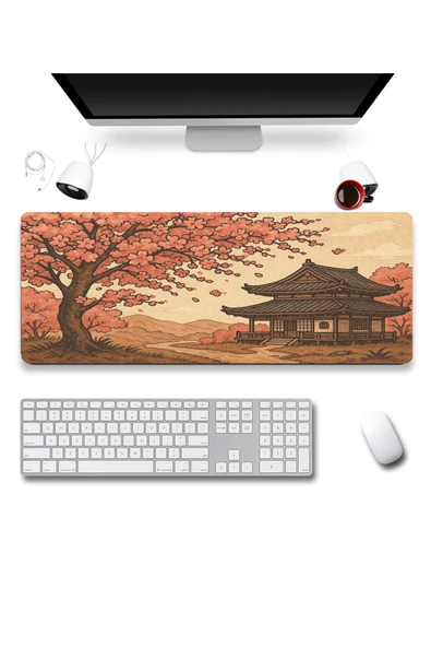 SonicTouch UltraGrand Japon Kiraz Ağacı ve Japon Evi Dikişsiz Xxl Gaming Oyuncu Masaüstü Pembe Klavye Mouse Pad 40x90Cm ürün görseli 1