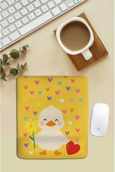 SonicTouch Bilek Destekli Kalpli Ördek Temalı Sarı Dikdörtgen Pürüzsüz Yüzey Dikişsiz Mouse Pad 18x22cm ürün görseli 1