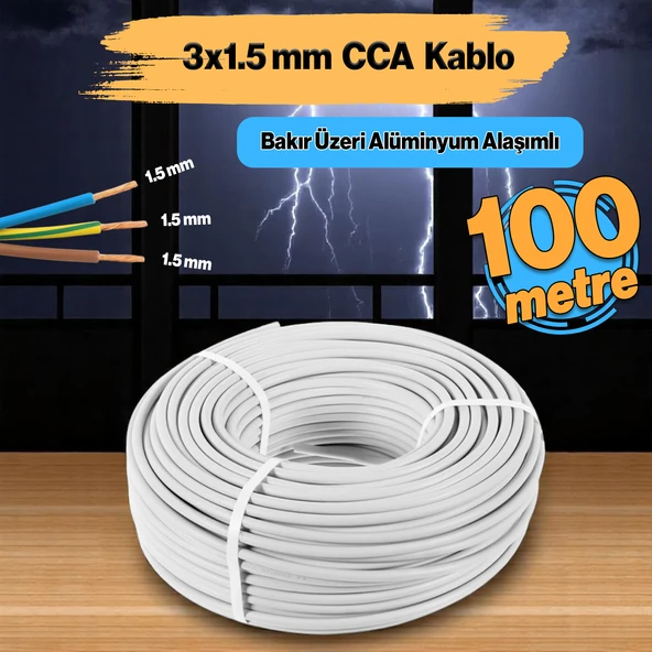 TTR CCA Çok Telli Elektrik Kablosu Topraklı Bakır İletken Damarlı Beyaz Kablo 3x1.5 mm 100 Metre ürün görseli 1