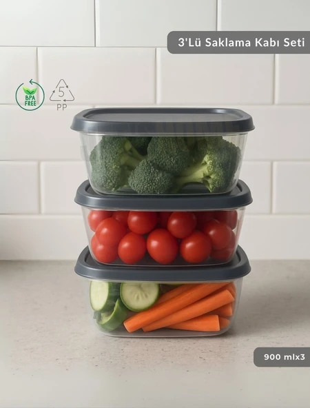 3'lü Saklama Kabı Seti Kare Erzak Kabı Bpa Free Derin Dondurucu için Uygun 900 ml ürün görseli 1