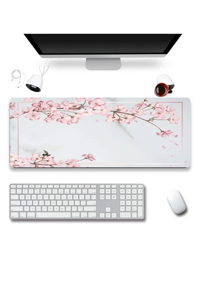 SonicTouch UltraGrand Bahar Dalları Gri Pembe Dikişsiz Xxl Gaming Oyuncu Masaüstü Klavye Mouse Pad 40x90Cm ürün görseli 1