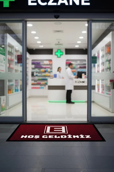Valerine Life Eczane Logolu Kırmızı Dijital Baskılı Dükkan İş Yeri Ofis Kapı Önü Paspası 50x90cm ürün görseli 1