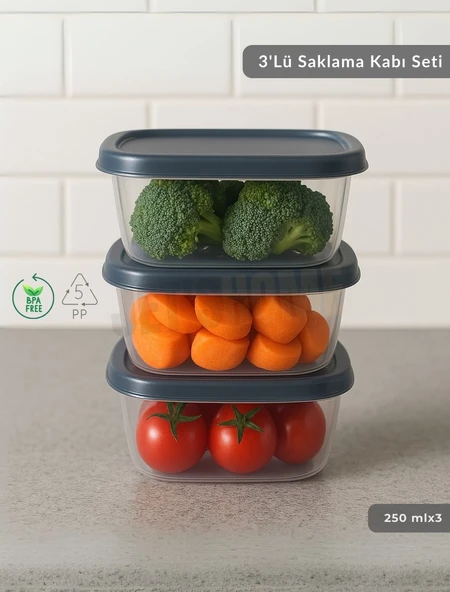 3'lü Saklama Kabı Seti Kare Erzak Kabı Bpa Free Derin Dondurucu için Uygun 250 ml ürün görseli 1