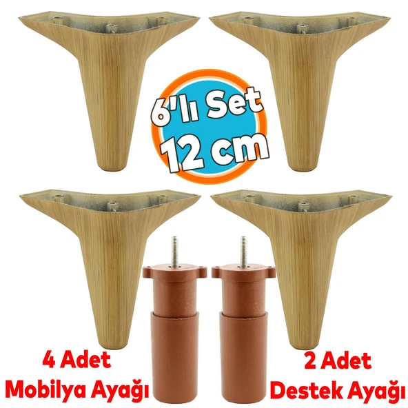 Mobilya Tv Ünitesi Çekyat Koltuk Kanepe Baza Destek Ayağı Ayakları 12 Cm Açık Ceviz 6'lı Set ürün görseli 1